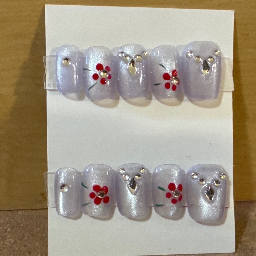 Lavender Shimmer Press On Nails Square Floral Rhinestone Accent Set 10pc
